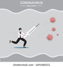 Vector doctor mask illustration with injection running covid-19 corona virus. cure corona virus. end of 2019-ncov. don't be afraid of the corona virus concept.