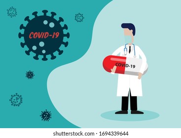 Vector of Doctor with Medicine to Cure Covid-19 or Corona Virus Pandemice