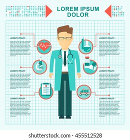 Vector doctor. Medicine health care services concept. Medical infographics elements. Objects isolated on white background. Flat cartoon vector illustration.