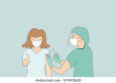 Vector - Doctor or nurse injection Coronavirus (Covid-19) vaccine to young woman.  Patient show sign hand good or OK on green background. Cartoon style. Copy space. Healthcare, medical concept.