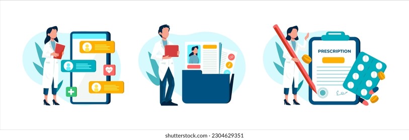 Vector of a doctor and nurse using online healthcare services to read patients medical records and prescribe treatment 