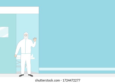 Vector - Doctor or nurse wearing white PPE suit to help patient during Coronavirus (Covid-19) pandemic in hospital. Show hand sign OK in front of the room. Feeling Happy. Copy space.