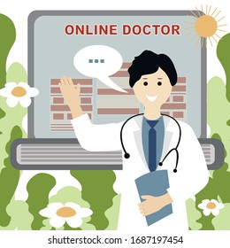 Vector, Doctor online concept. Doctor in a robe waving his hand and wants to help, consults on the laptop