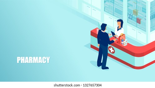 Vector of a doctor pharmacist selling prescription drugs to a patient in drugstore