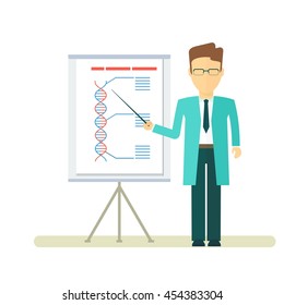 Vector doctor reports about DNA formula. Presentation on the flip chart paper. Template for medical conferences and congresses. Objects isolated on white background. Flat cartoon vector illustration.