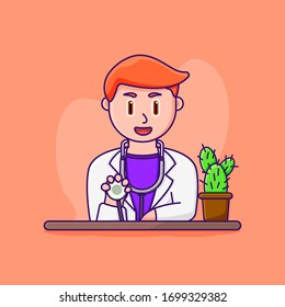 vector doctor with stethoscope and cactus 