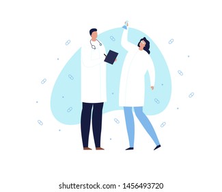 Vector doctor team person illustration. Female and male flat character with tube on modern blue shape background with pill icons. Concept of clinical trials, drug research, chemistry, pharma.