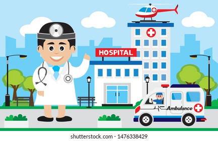  Vector of doctor team standing on a hospital building, ambulance car background,Patient care concept.