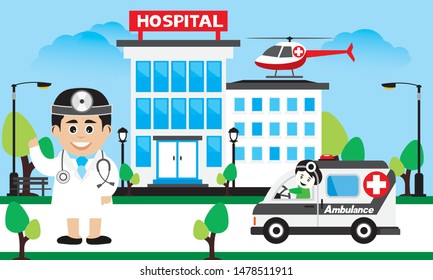  Vector of doctor team standing on a hospital building, ambulance car background,Patient care concept.