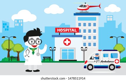  Vector of doctor team standing on a hospital building, ambulance car background,Patient care concept.