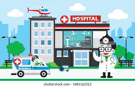 Vector of doctor team standing on a hospital building, Patient care concept, ambulance car background