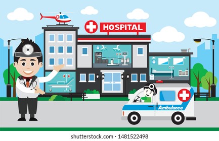 Vector of doctor team standing on a hospital building, Patient care concept, ambulance car background