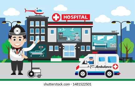 Vector of doctor team standing on a hospital building, Patient care concept, ambulance car background