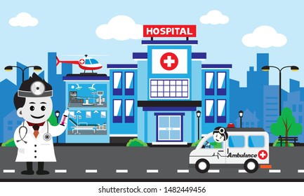 Vector of doctor team standing on a hospital building, Patient care concept, ambulance car background