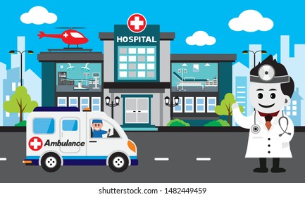 Vector of doctor team standing on a hospital building, Patient care concept, ambulance car background