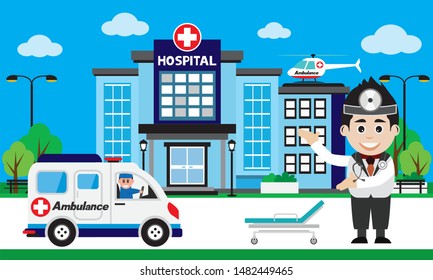 Vector of doctor team standing on a hospital building, Patient care concept, ambulance car background