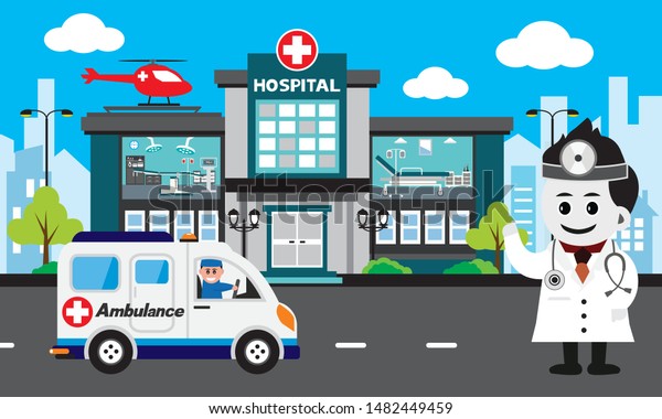 Vector of doctor team\
standing on a hospital building, Patient care concept, ambulance\
car background