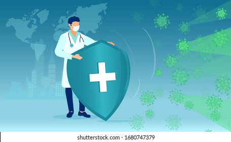 Vector of a doctor wearing face mask fighting Coronavirus infection