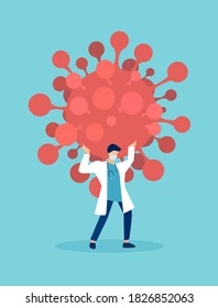 Vector of doctor wearing face mask carrying on his back a giant coronavirus
