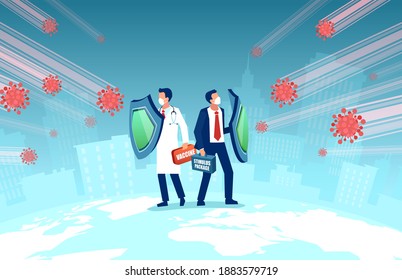 Vector of a doctor wearing face mask holding shield, vaccine box and a businessman with stimulus package fighting Coronavirus pandemic 