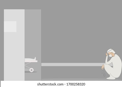 Vector - Doctor wearing white uniform, cap, mask and face shield sitting on ground floor in hospital. Feel tired, dissatisfied, sadness. Health care concept. Copy space for any text design.