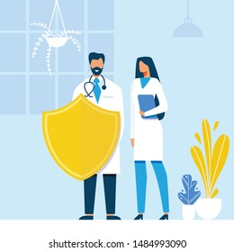 Vector Doctors Guard Human Health Metaphor Illustration. Faceless Man and Woman, Physician and Nurse in Uniform Standing with Shield. Cartoon People Flat Characters. Health Insurance and Protection