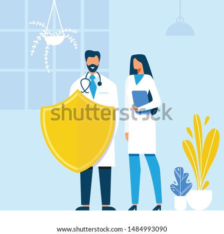 Vector Doctors Guard Human Health Metaphor Illustration. Faceless Man and Woman, Physician and Nurse in Uniform Standing with Shield. Cartoon People Flat Characters. Health Insurance and Protection