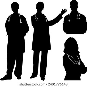 Vector doctors and nurses vector silhouette on white background.