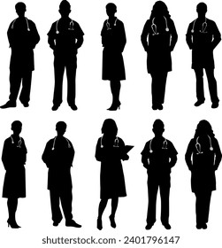 Vector doctors and nurses vector silhouette on white background.