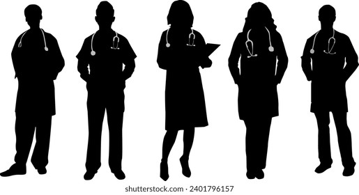 Vector doctors and nurses vector silhouette on white background.