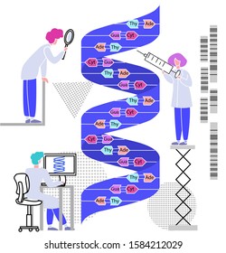 Vector with doctors, scientists who examine enlarged DNA chain. Some people investigate, others on computer conduct statistics, make medicine in genetic engineering. oncept modern genome research.
