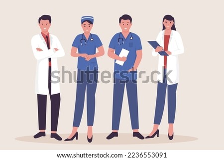 Vector doctors and team diverse hospital staff. Illustration for website, landing page, mobile app, poster and banner. Trendy flat vector illustration