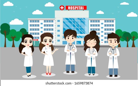 El equipo de vectores de doctores que se encuentra en el edificio del Hospital es un centro médico profesional, concepto médico con edificio hospitalario y médico de estilo llano. Equipo de trabajadores médicos, personal hospitalario.