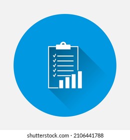 Vector document with graph icon.  Document verification symbol icon on blue background. Flat image with long shadow.