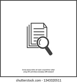 Vector document icon and magnifier. Document verification symbol on white isolated background. Layers grouped for easy editing illustration. For your design