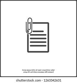 Vector document icon and paper clip. Business  document  icon on white isolated. Layers grouped for easy editing illustration.