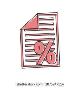 Vector document icon and percent sign. Loan symbol on  cartoon style on white isolated background.