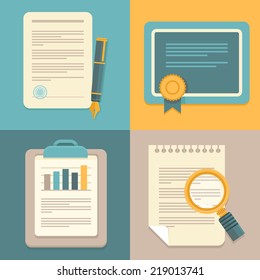 Vector document icons and concepts in flat style - business plan, report, contract and certificate