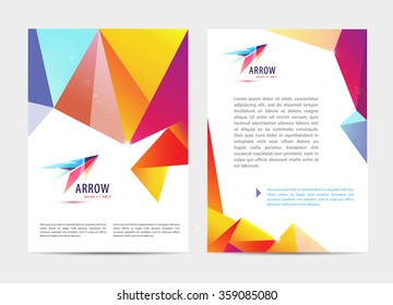 Vector document, letter or logo style cover brochure and letterhead template design mockup set for business presentations, abstract arrow logo. Flyer, modern faceted design with logo