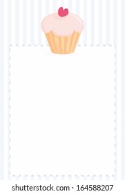 Vector document template, restaurant menu, wedding card, list or baby shower invitation with sweet cupcake on blue pattern or stips texture background with white space for your text message