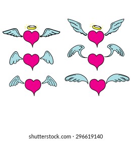 Vector doddle hearts with wings and nimbus . hand drawn heart sign collection