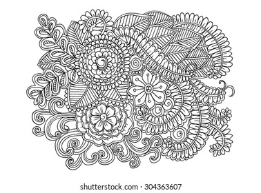 Vector dodle floral illustrated in black and white drawing with pencil