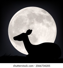 Vector doe deer silhouette on full moon background.