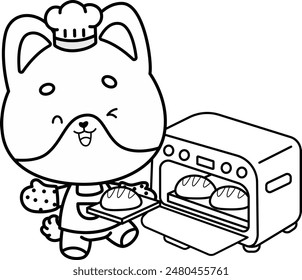 a vector of a dog baking in the over in black and white coloring
