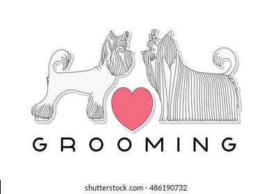 Vector Dog Beauty Grooming Illustration. Dog Grooming Logo With Yorkshire Terriers.