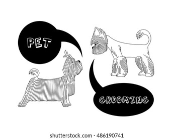 Vector dog beauty grooming illustration. Dog grooming logo with Yorkshire Terriers.