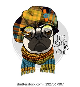 Vector dog with black glasses, checkered hat and knitted scarf. Hand drawn illustration of dressed pug. Vector illustration.