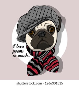 Vector dog with blue grey hat and knitted scarf. Hand drawn illustration of dressed pug.