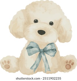 Vector, dog with bow, fluffy dog, toy, plush toy, gift, gift toy, present, festive, toy for birthday, icon. Watercolor illustration, Greeting cards, invitation, party, baby shower, birthday, event.