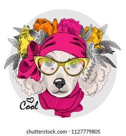 Vector dog with bow, glasses, wreath and knitted scarf. Hand drawn illustration of dressed dog.